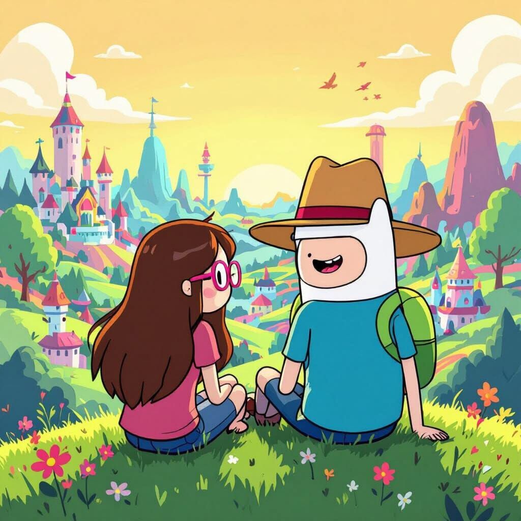 Finn Adventure Time with Friend in Fantastical Landscape