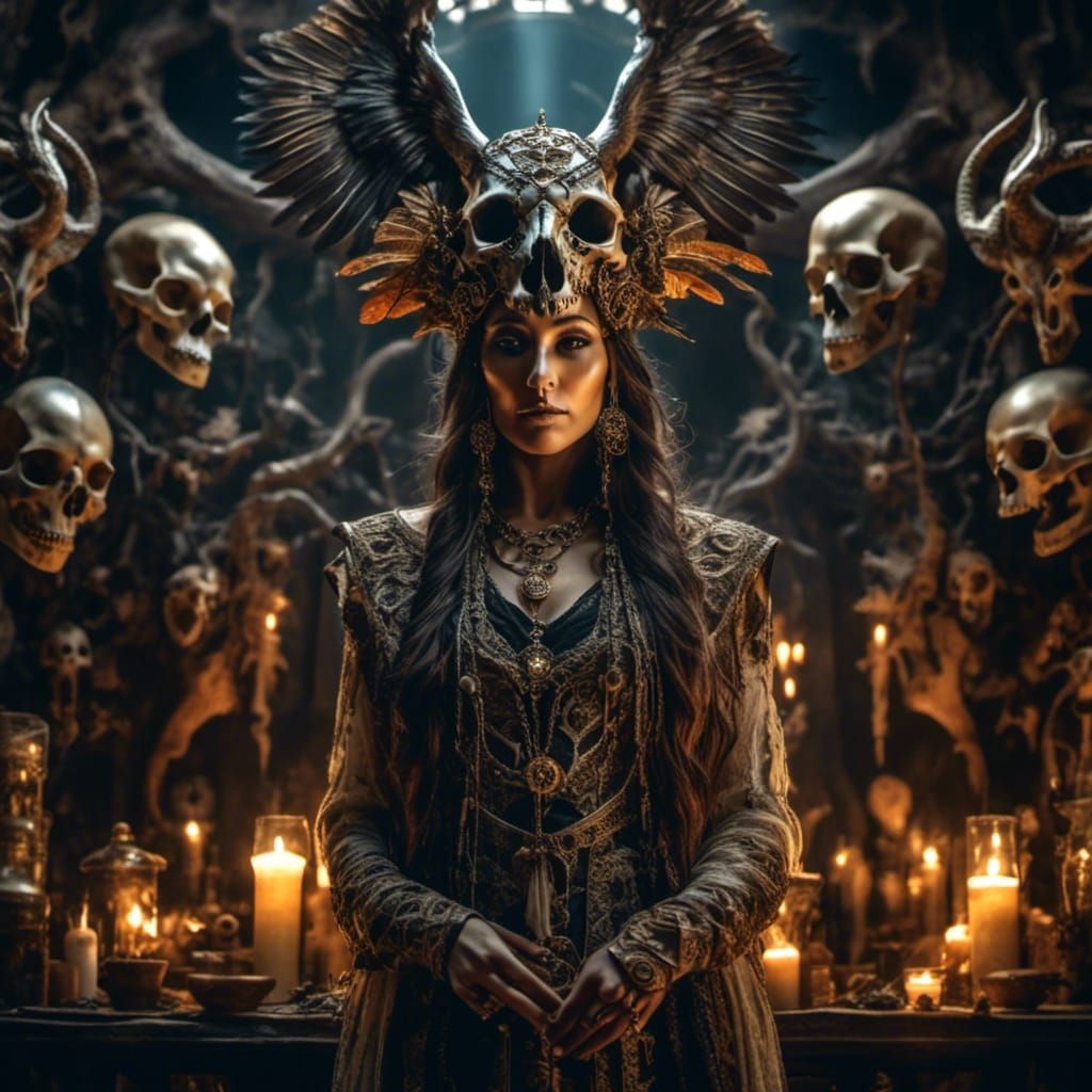 Oracle with Raven Headdress at Mystical Altar