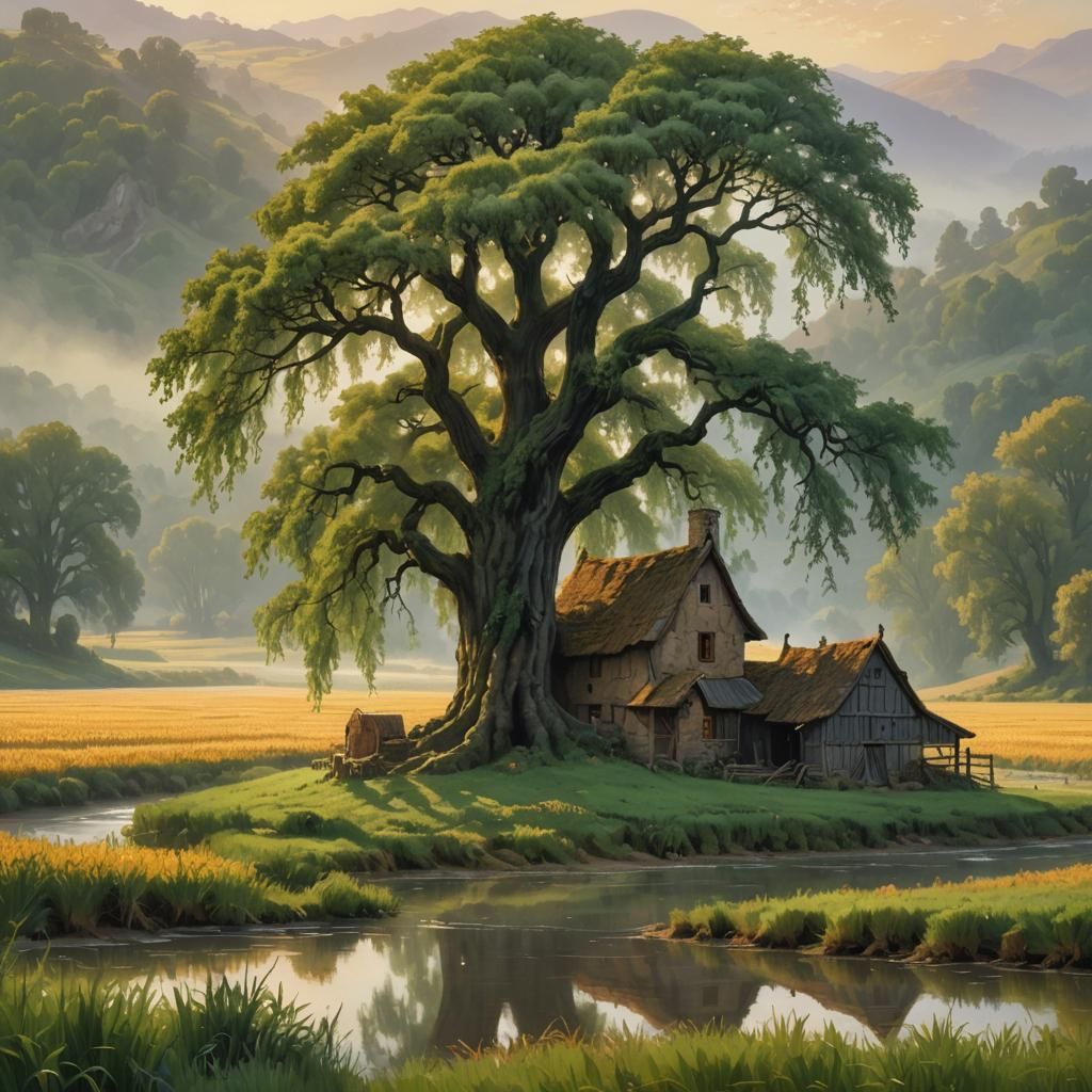 Medieval Farm at Dawn in a Golden Valley