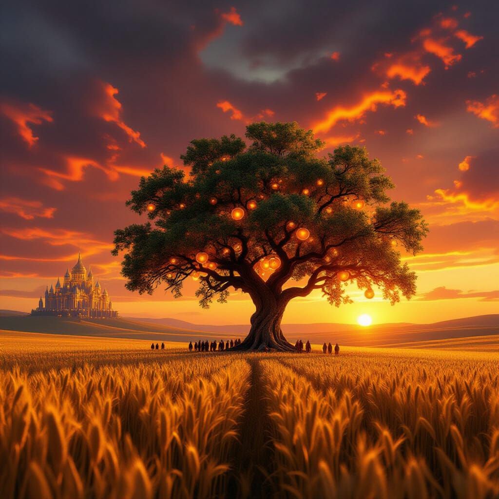 Ancient Tree with Glowing Fruit in Sunset Field
