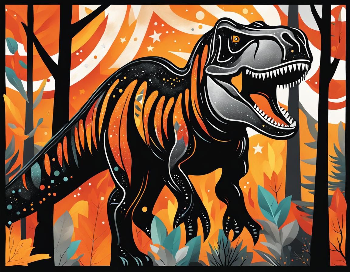 Whimsical Impressionist Trex in Abstract Forest