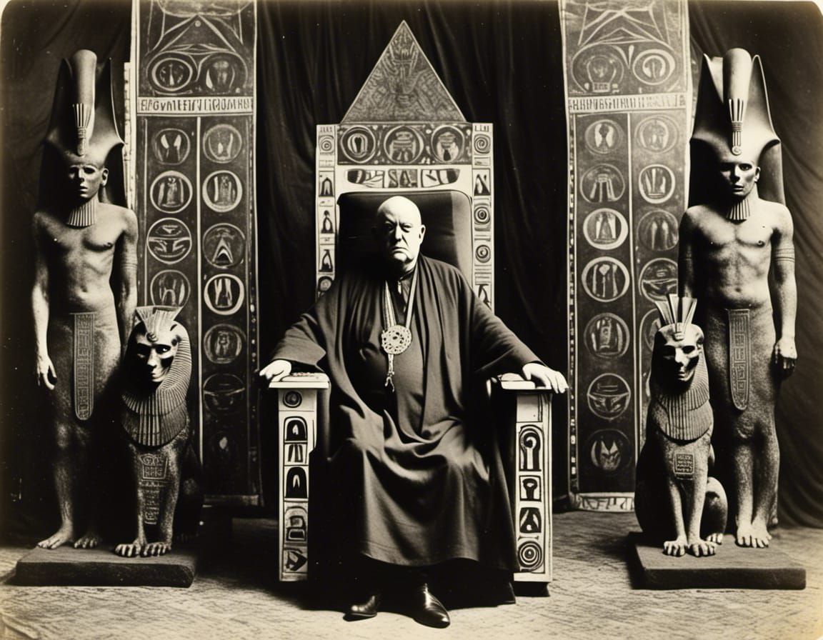 Aleister Crowley on an egyptian throne