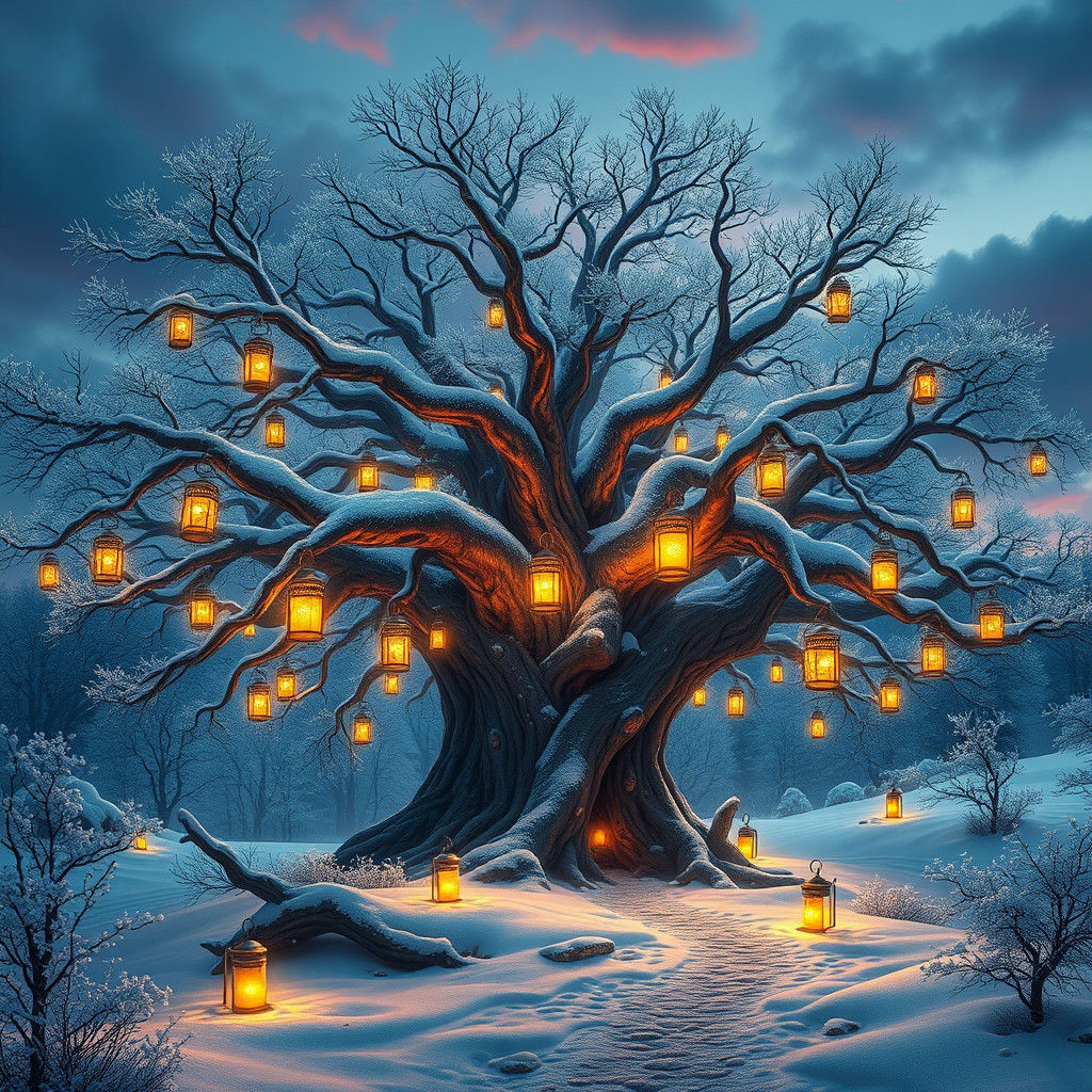 Mystical Winter Wonderland at Dusk, Digital Matte Painting