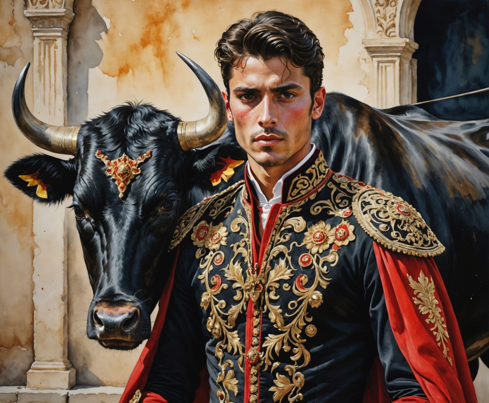 Matador in Bullring: Hyperrealistic Watercolor Painting