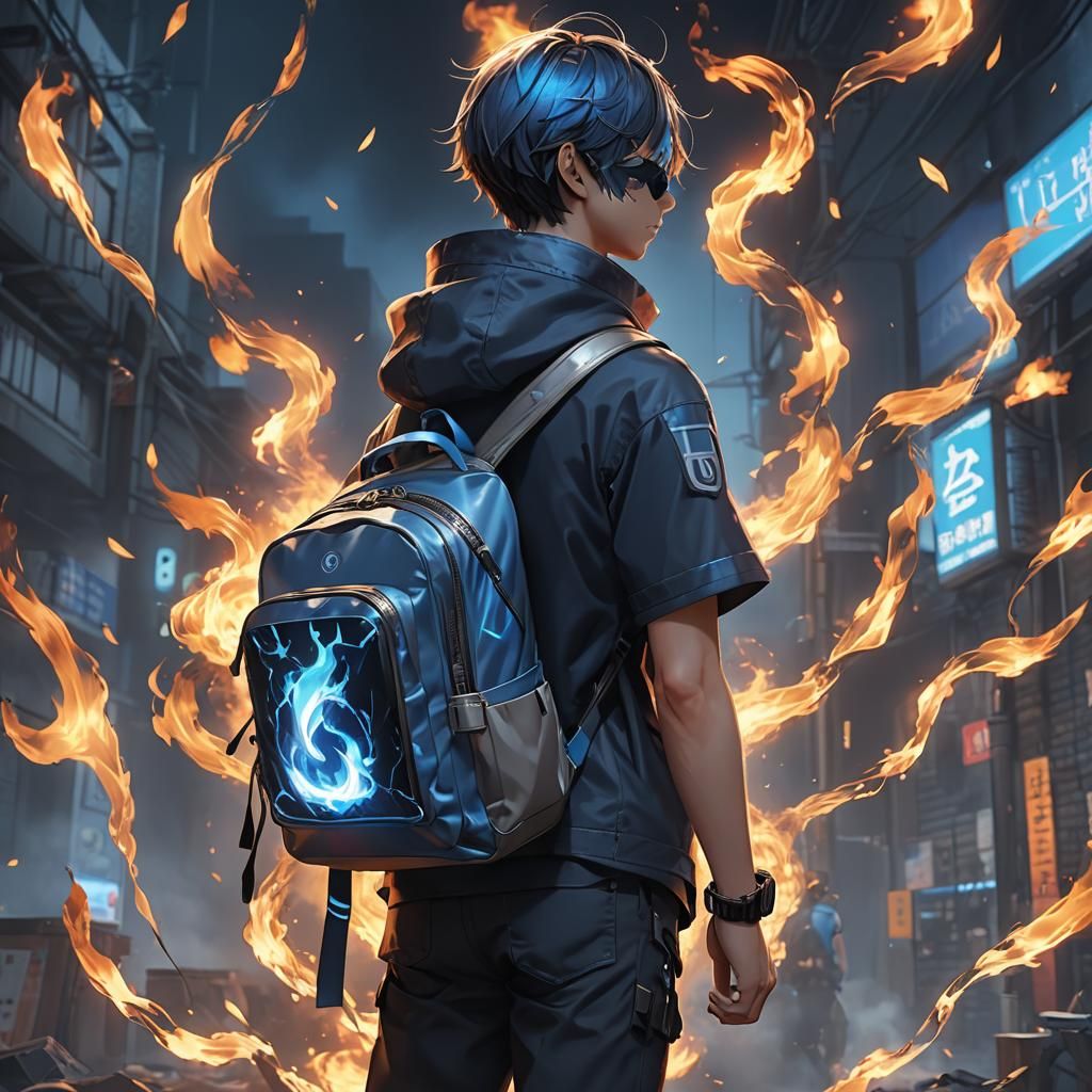 Cute Boy with Electric Backpack in Anime Style