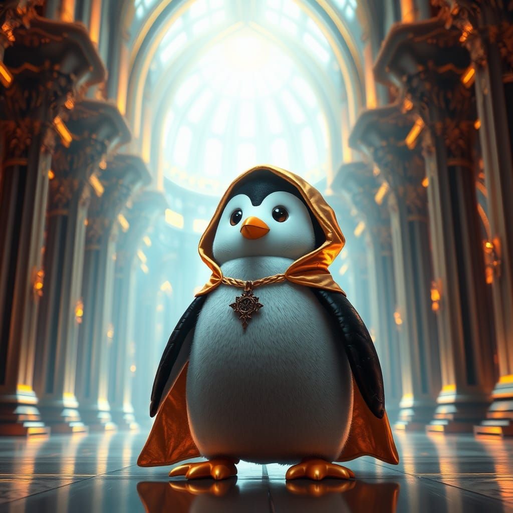 Penguin in Cathedral with Golden Cloak