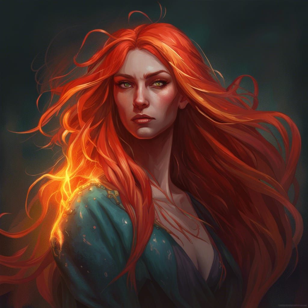 Evil Woman with Fiery Hair: Detailed Portrait