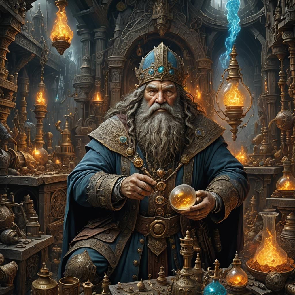 crazy mad dwarven inventor alchemy by gustave dore,