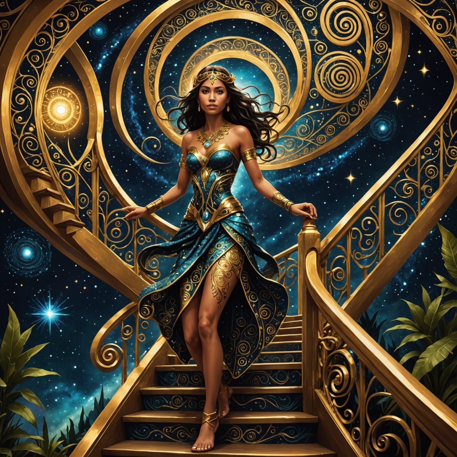 Cosmic Fairy Ascends Golden Stairway to Heaven