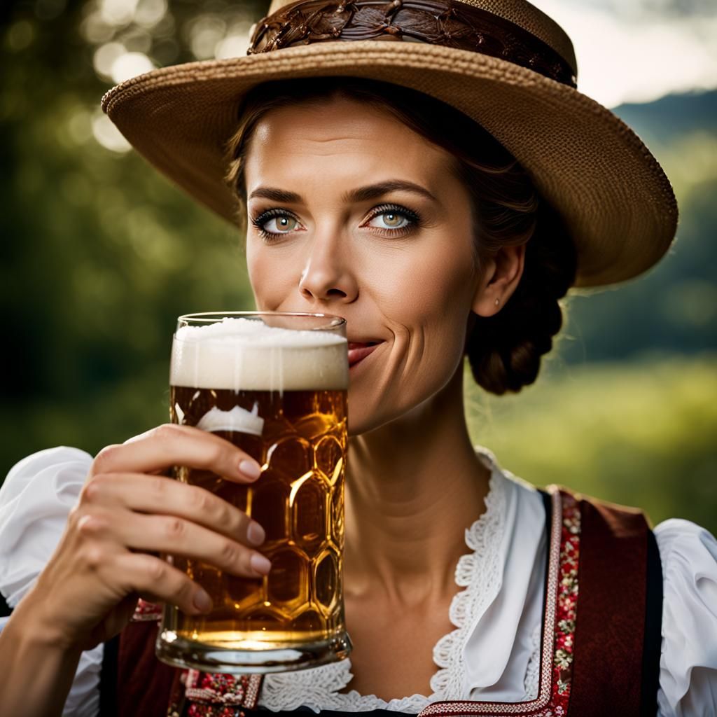Woman in Dirndl Drinking Beer: Professional Portrait