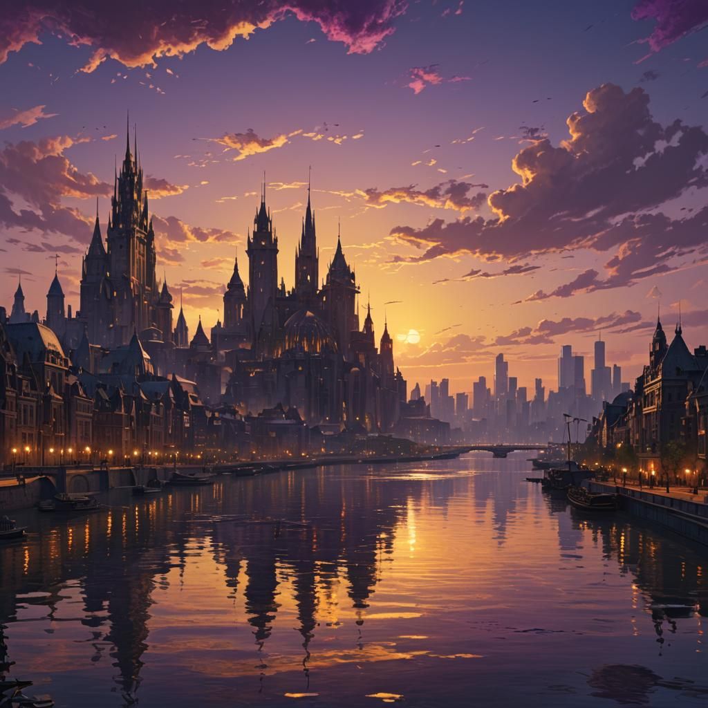Cityscape Sunset: Dark Fantasy Concept Art