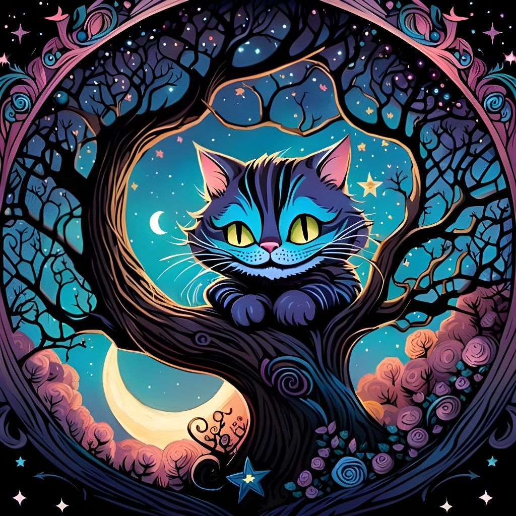 Adorable Cheshire Cat in Tree, Circular Vector Art