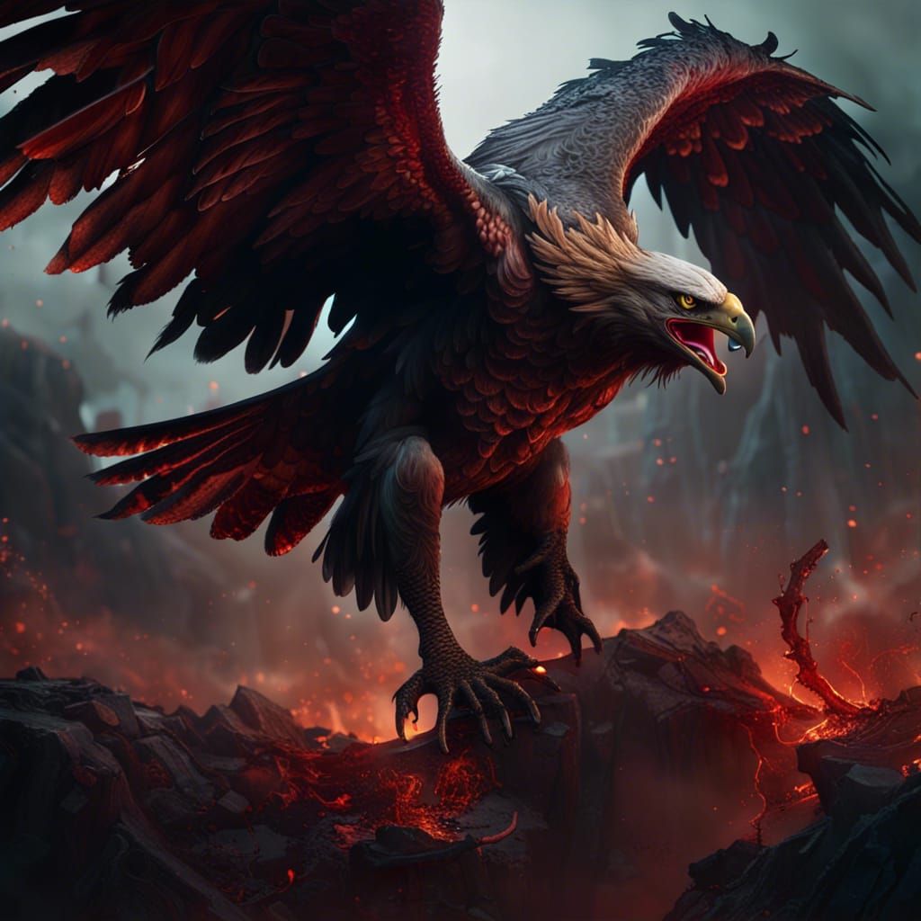 Demonic Eagle Flying in Hell: Detailed Matte Painting