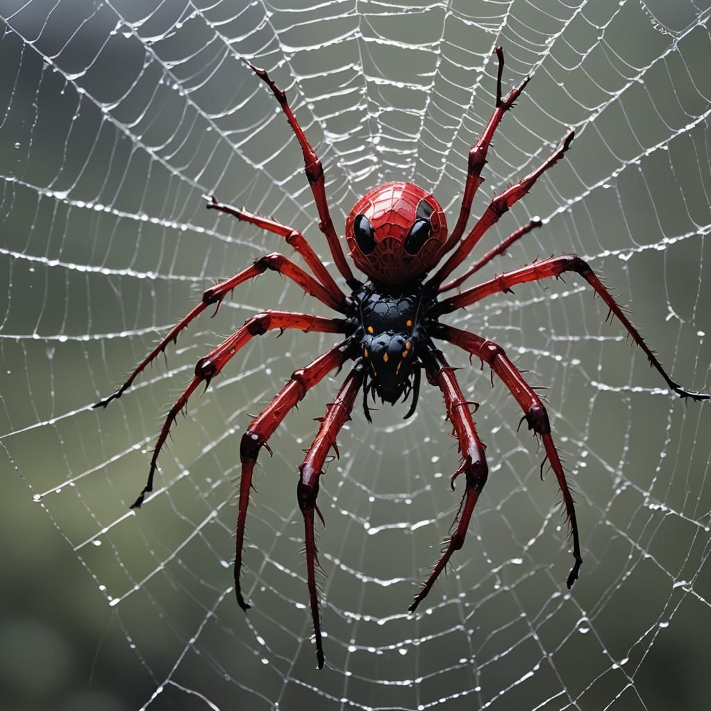 Surreal Alien Metal Spider in Cobweb Close-Up