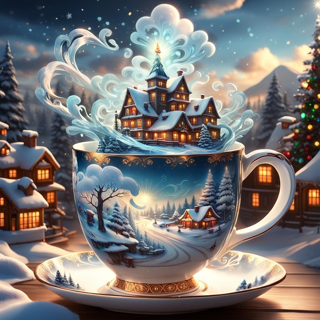 Winter Wonderland Tea Cup Glowing with Christmas Magic in Tr...