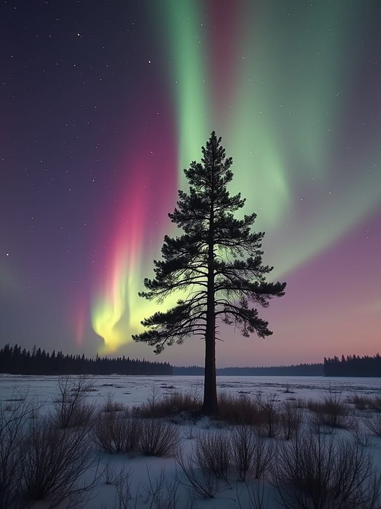 Shimmering Aurora Borealis Over Snowy Pine Tree