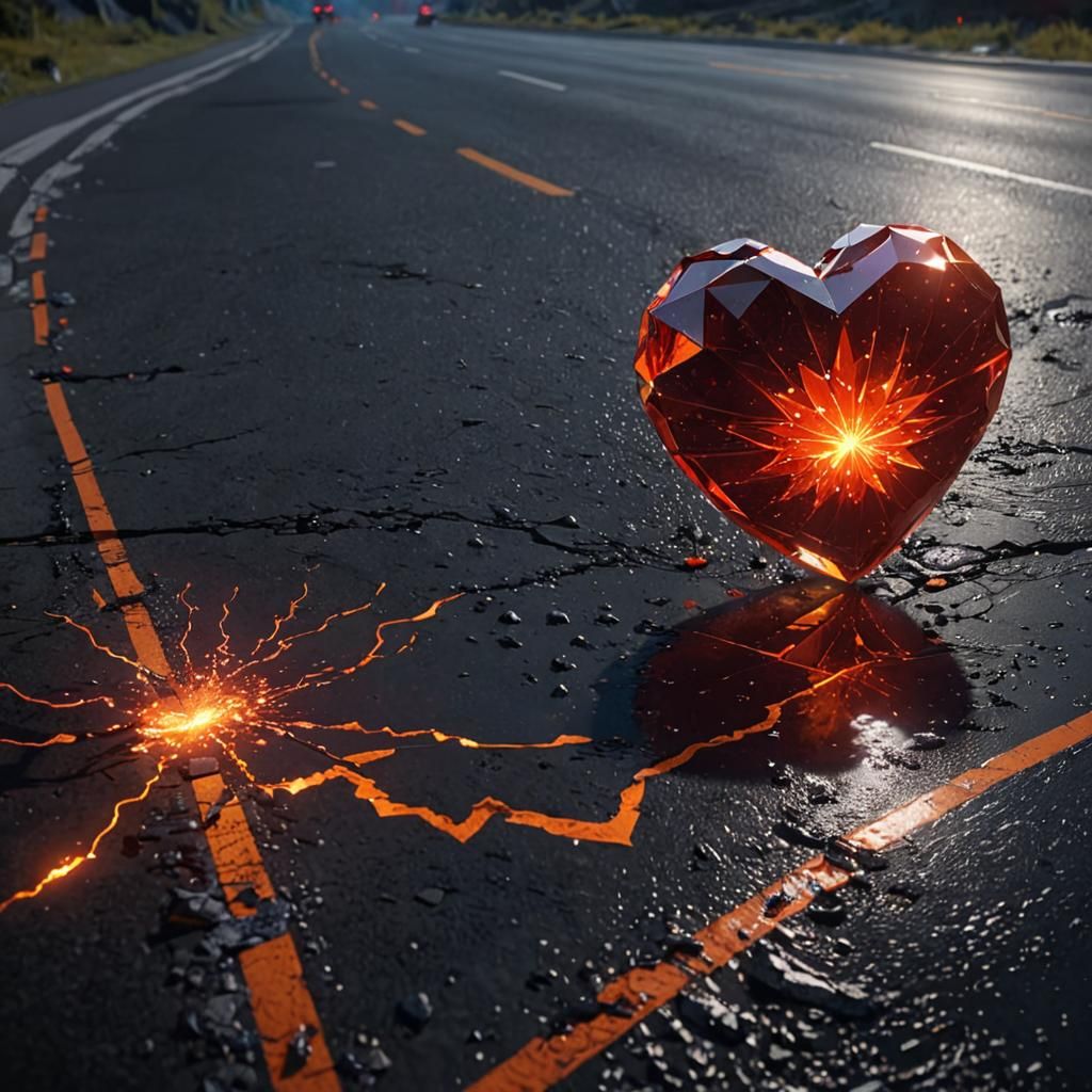 Red Crystal Heart on Lost Highway in Matte Painting Style