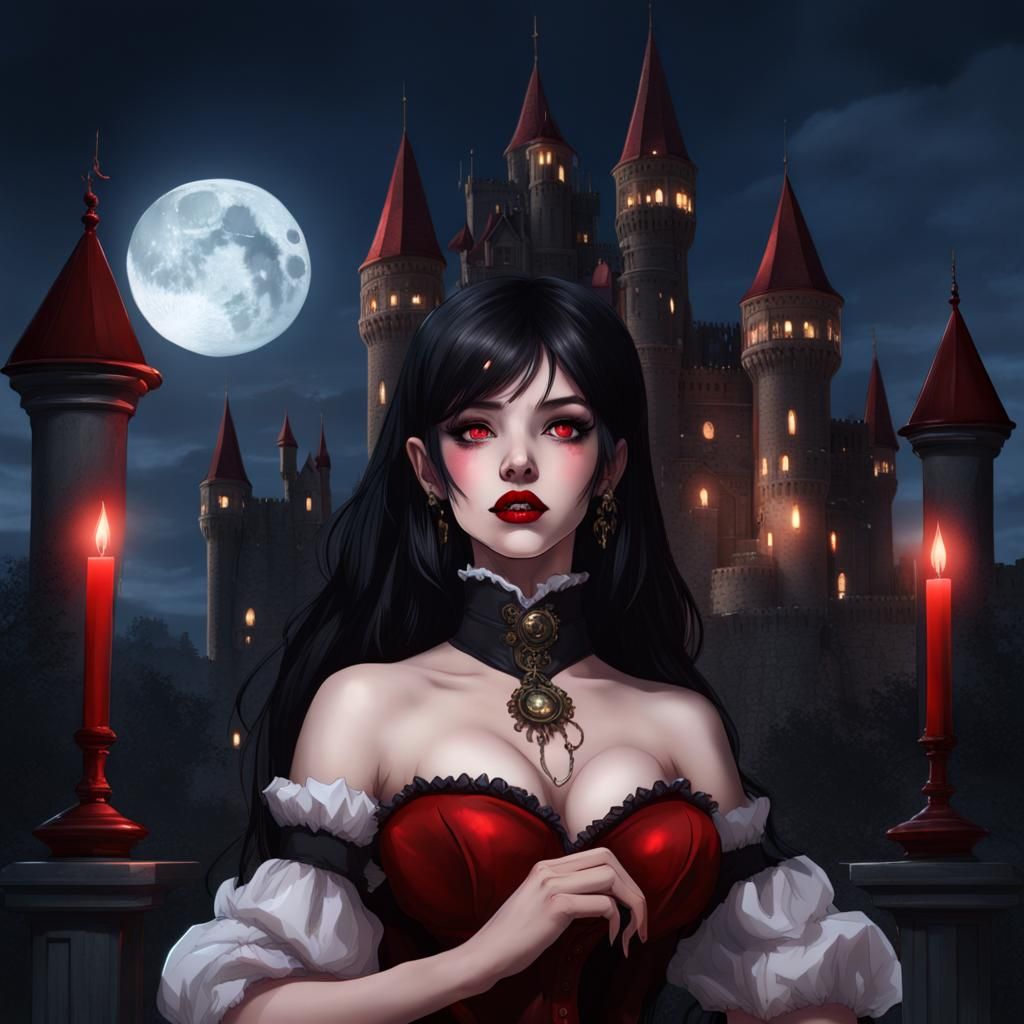 Steampunk Vampiress Portrait with Castle Background