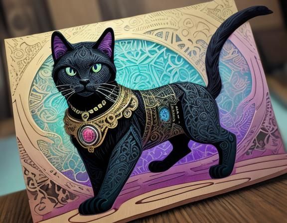 Steampunk Holographic Cat in Art Nouveau Style