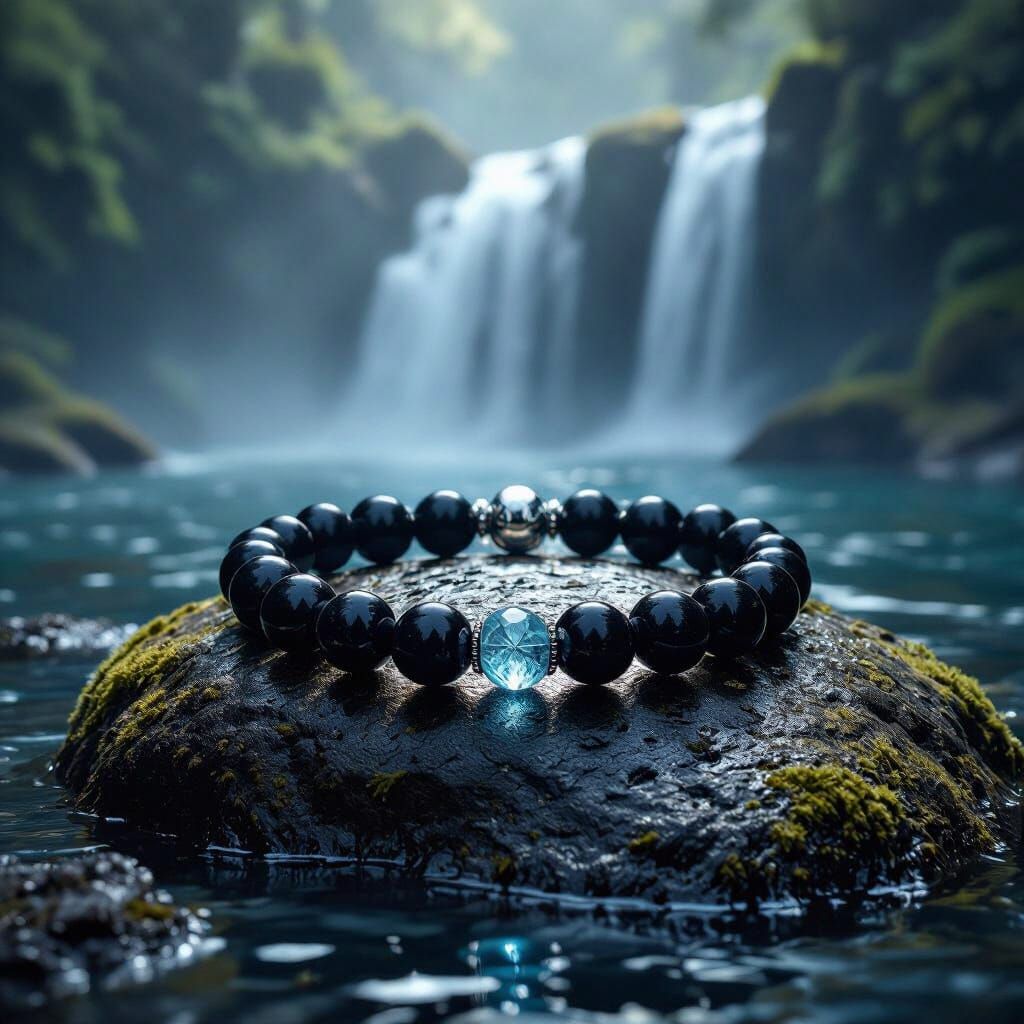 Mystical Obsidian and Aquamarine Bracelet by Waterfall