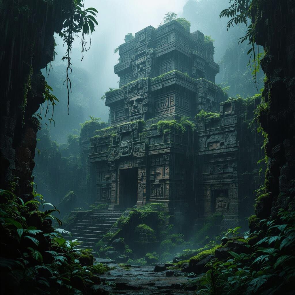 Haunting Aztec Castle in Misty Rainforest