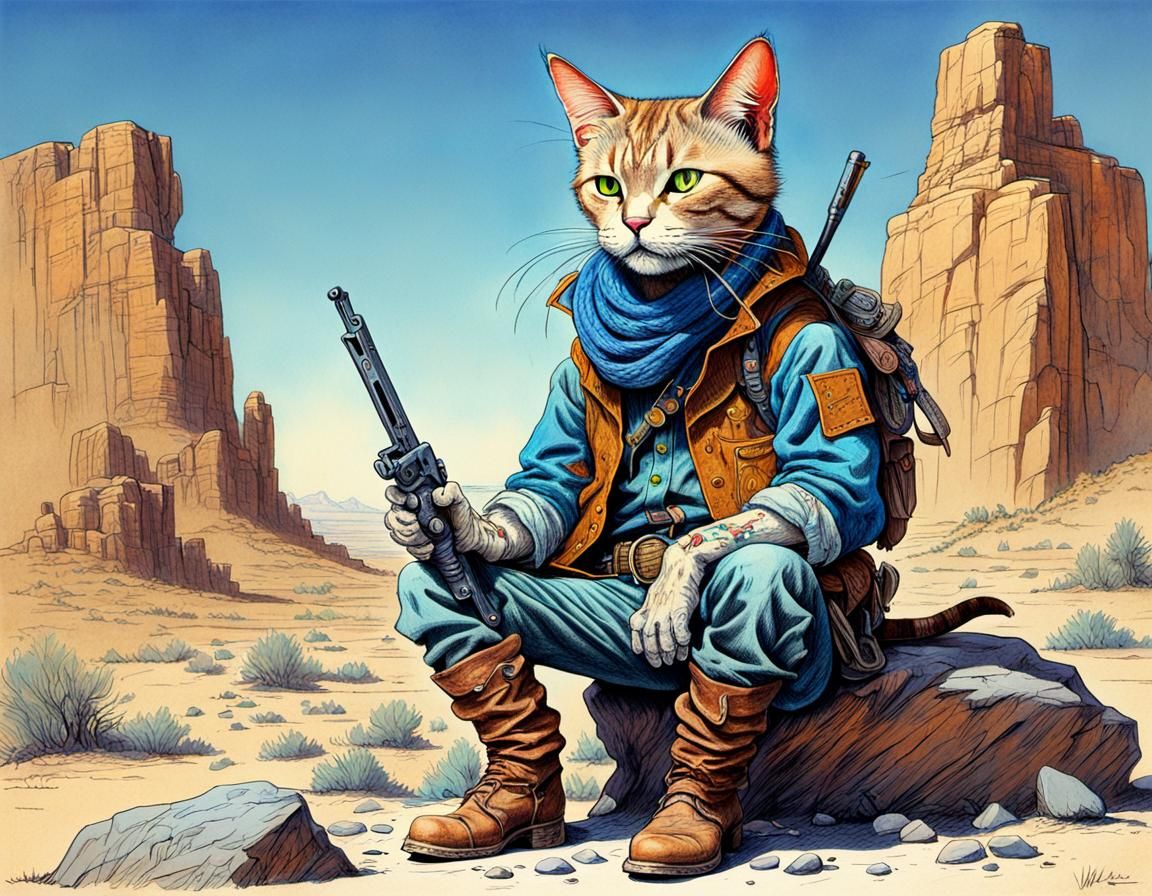 Cowboy Cat with Futuristic Weapon, Moebius Style