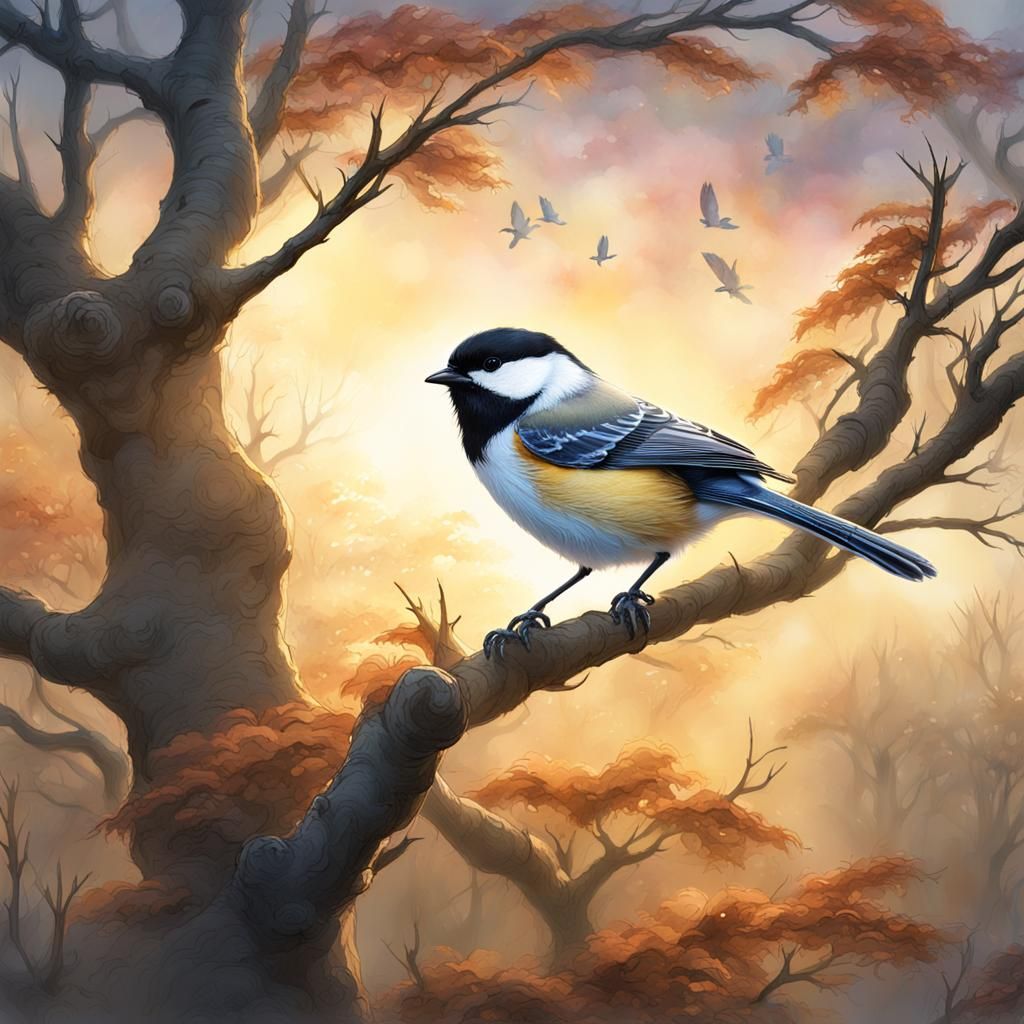 Chickadee in Tree with Morning Mist, Watercolor