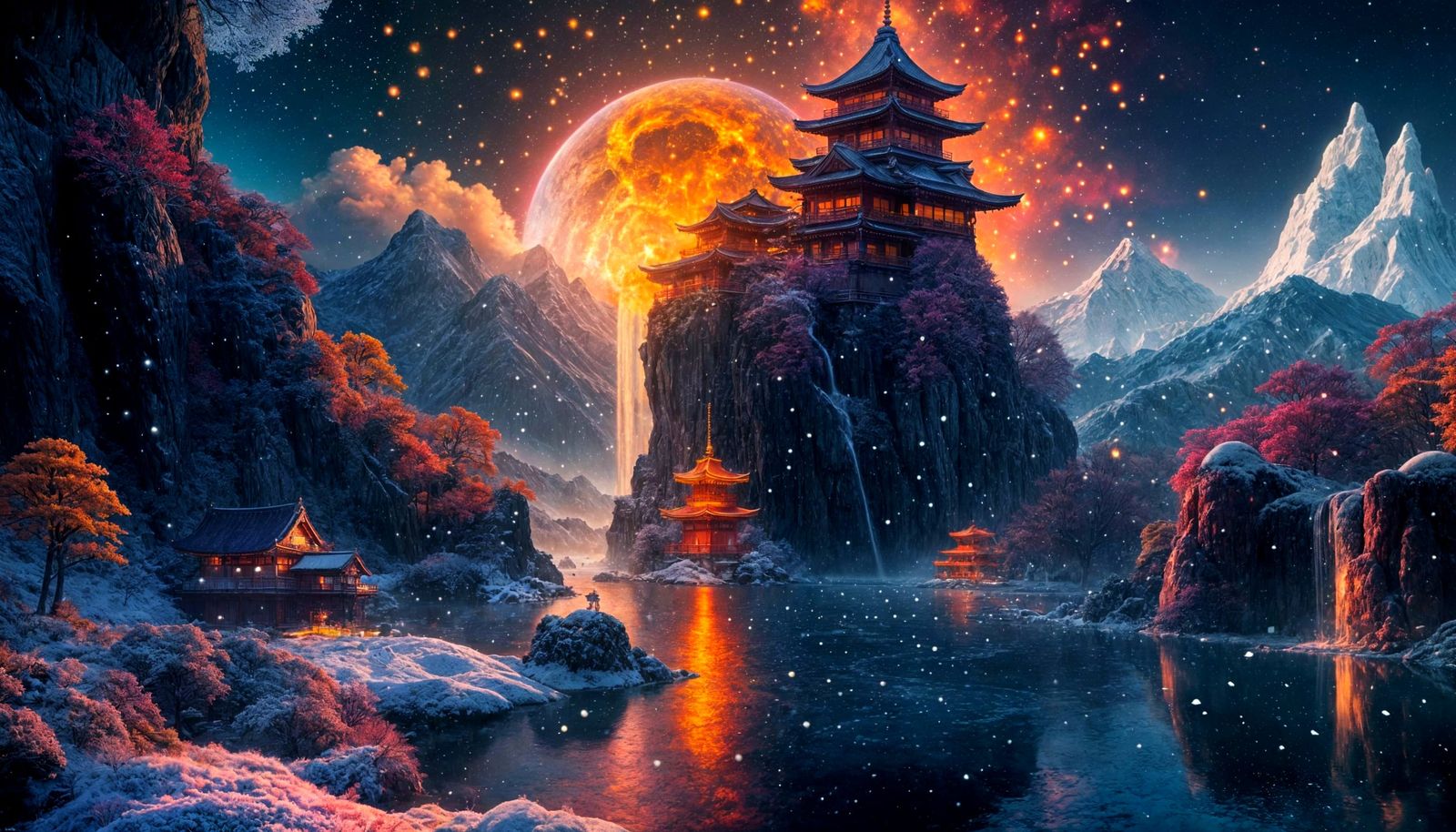 Fantasy Japanese Pagoda in Cosmic Winter Landscape