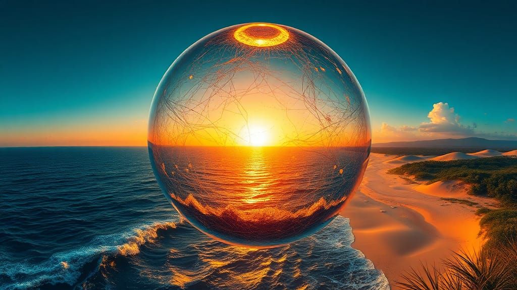 Glass Sphere Sunset: Digital Art in Gritty Style