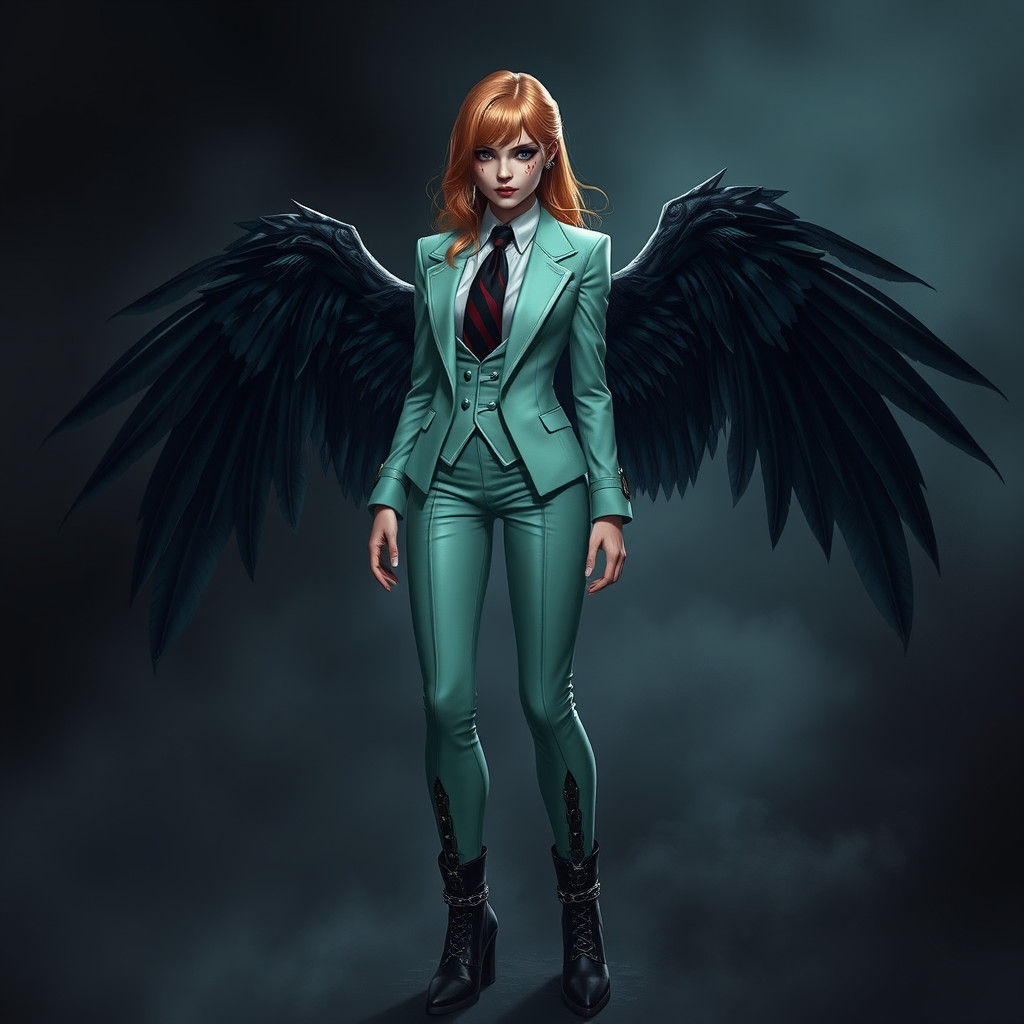 Strawberry Blonde Figure in Green Tuxedo with Wings