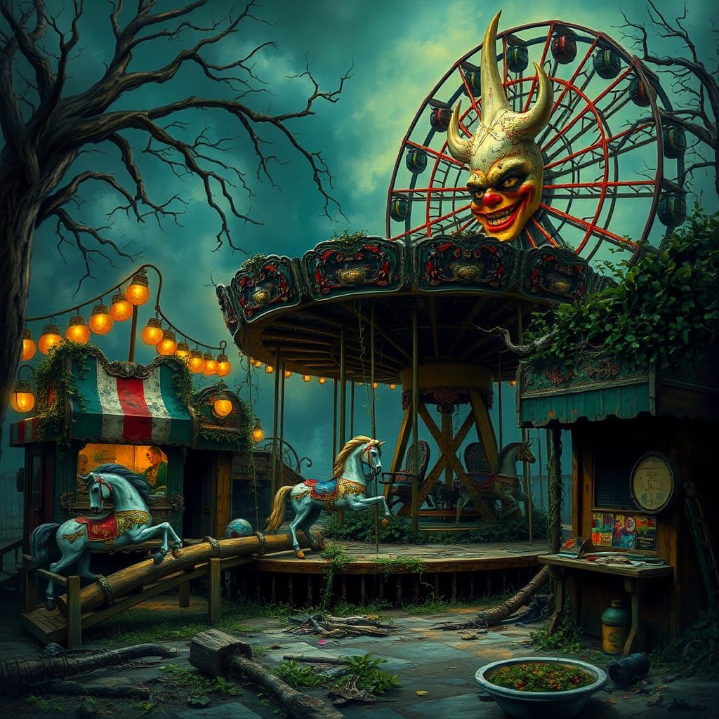 Eerie Abandoned Carnival with Overgrown Flora