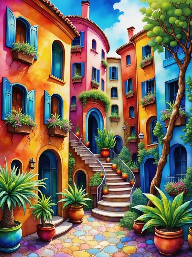 Vibrant Mediterranean Cityscape with Whimsical Buildings and...