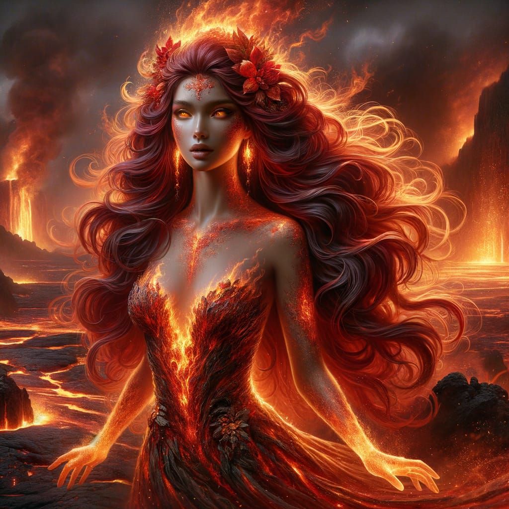 South Asian Fire Goddess in Volcanic Landscape