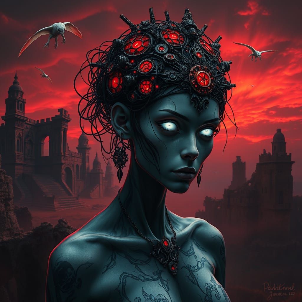Surreal Gothic Priestess in Crimson Light