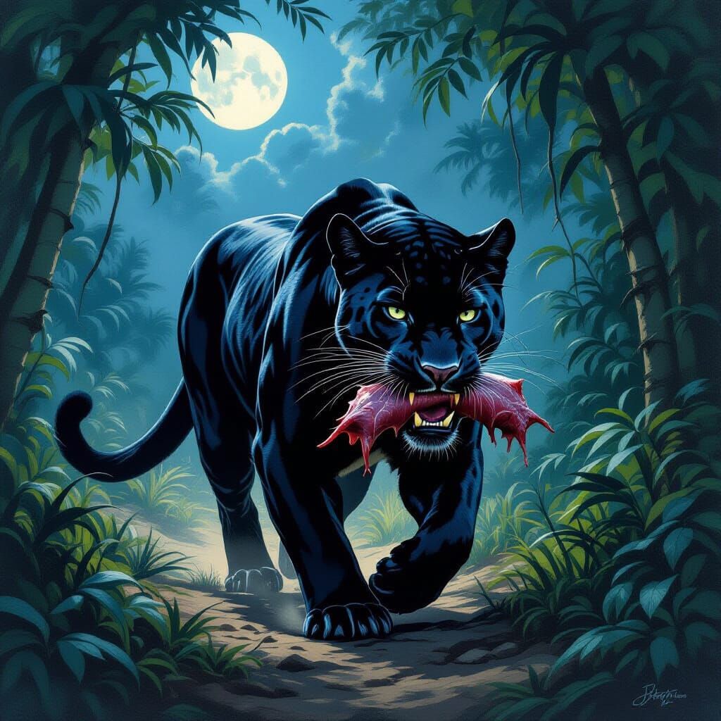 Black Panther Trots Through Moonlit Jungle