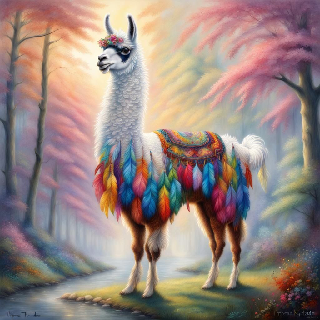 Colorful Feather Llama in Ethereal Fantasy Landscape