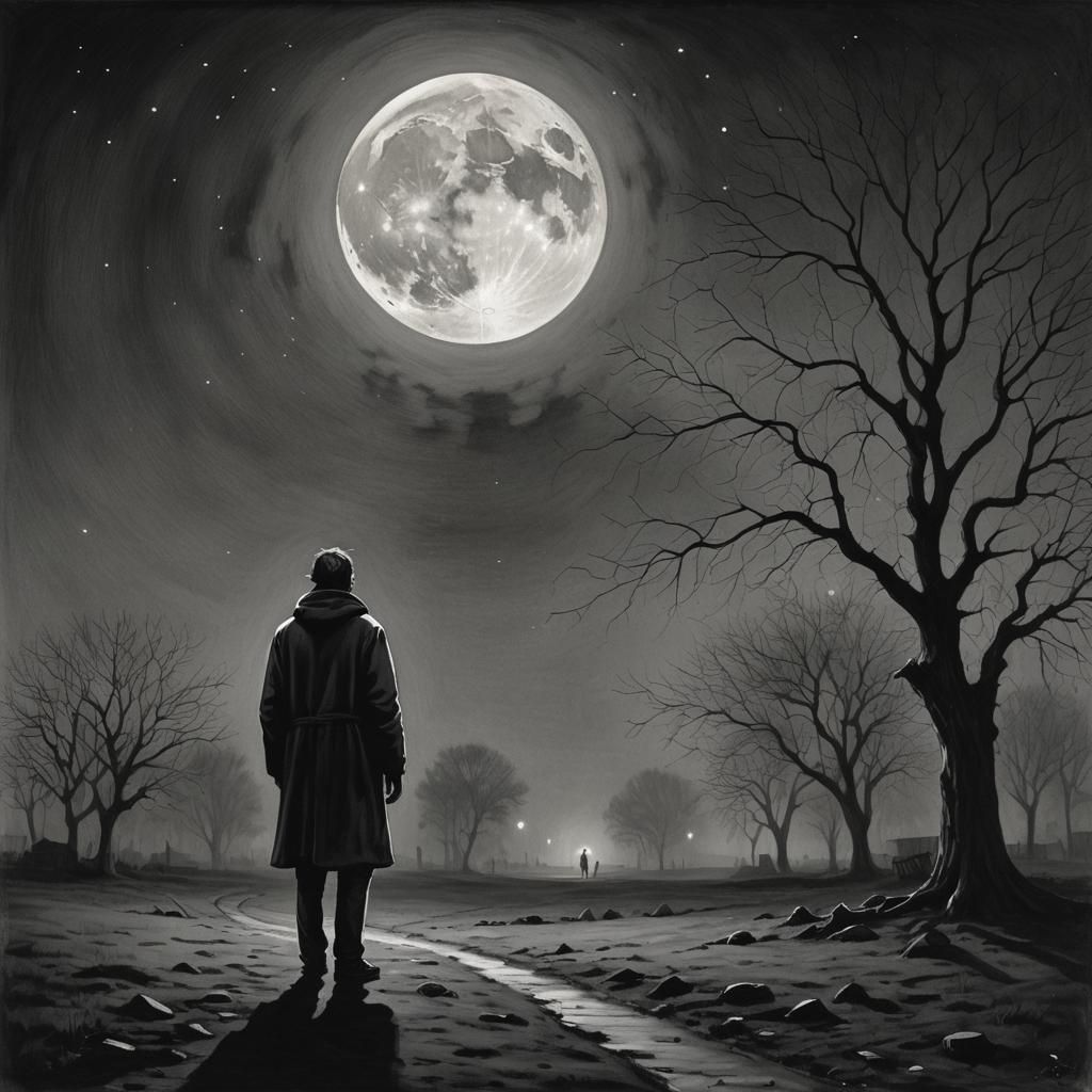 Solitary Figure in Moonlit Shadows: A Night Conversation