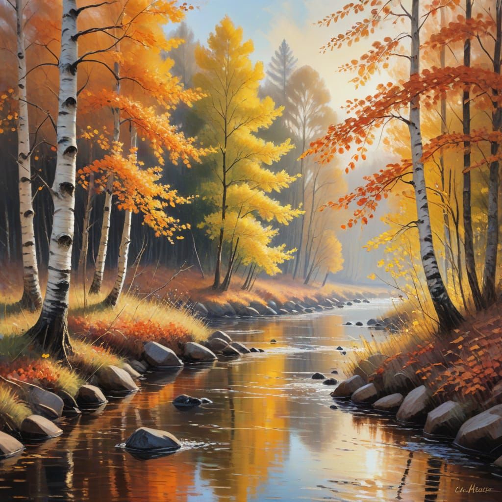 Impressionist Autumn Landscape with River at Golden Hour