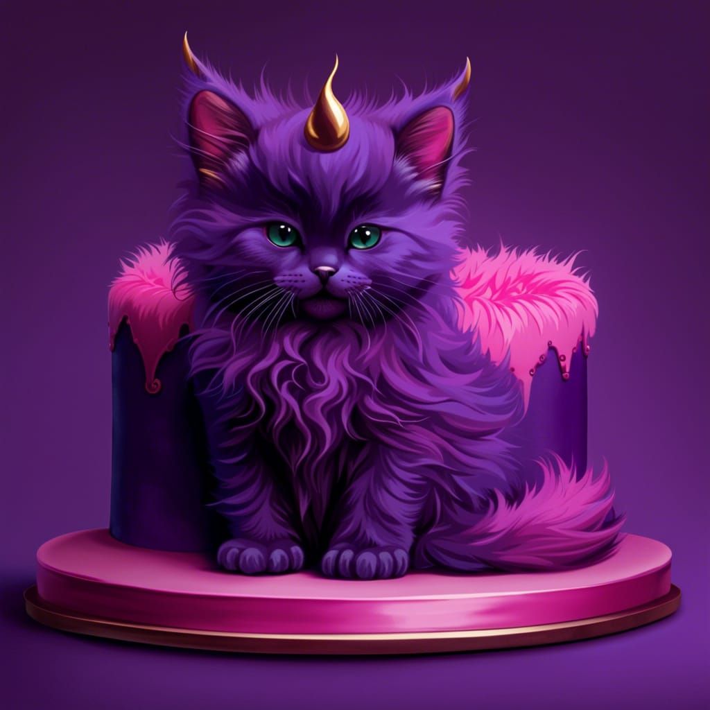 Pink Devil Kitten on Purple Cake