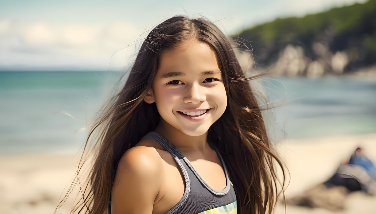Smiling Girl in Swimwear on Tourist Beach