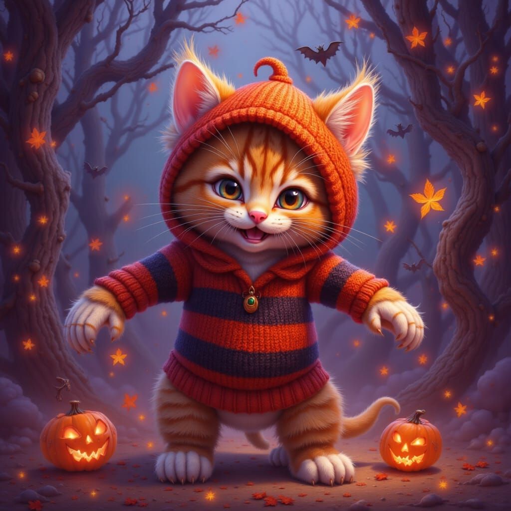 Whimsical Taby Kitten in Freddy Krueger Costume