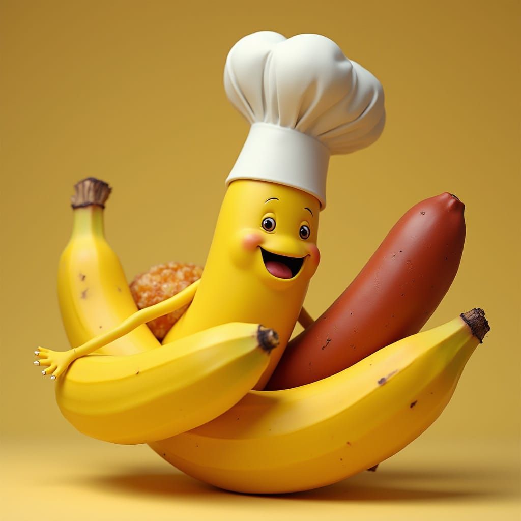 Banana Chef Squished by Sausage: Hyperrealistic Digital Art