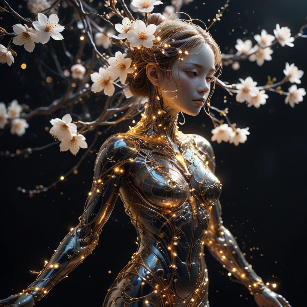Ethereal Wireframe Humanoid with Blossoms