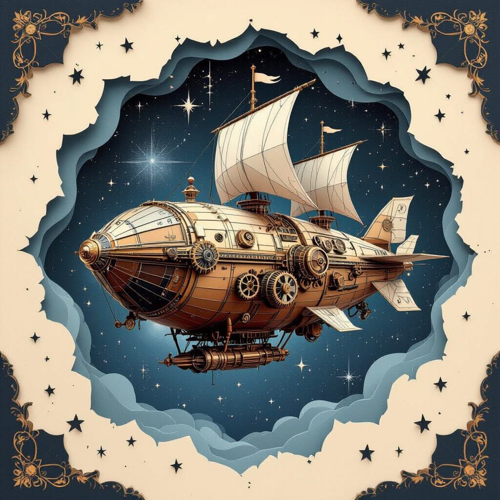 Steampunk Airship Soaring Through Paper Galaxy
