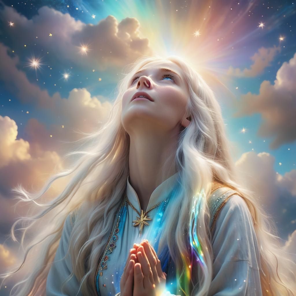 Ethereal Woman Praying in Celestial Dreamscape