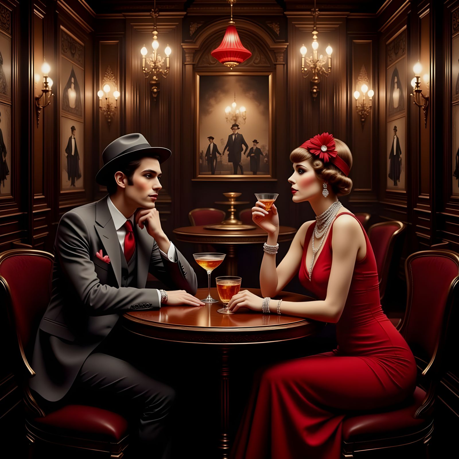 Man and woman sitting at a table drinking in a speakeasy

.