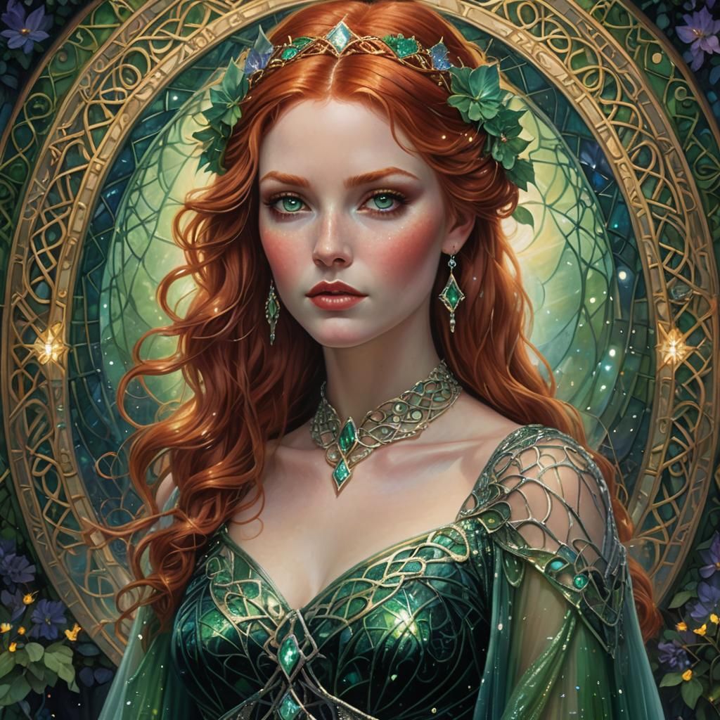 Woman in Iridescent Gown with Emerald Eyes