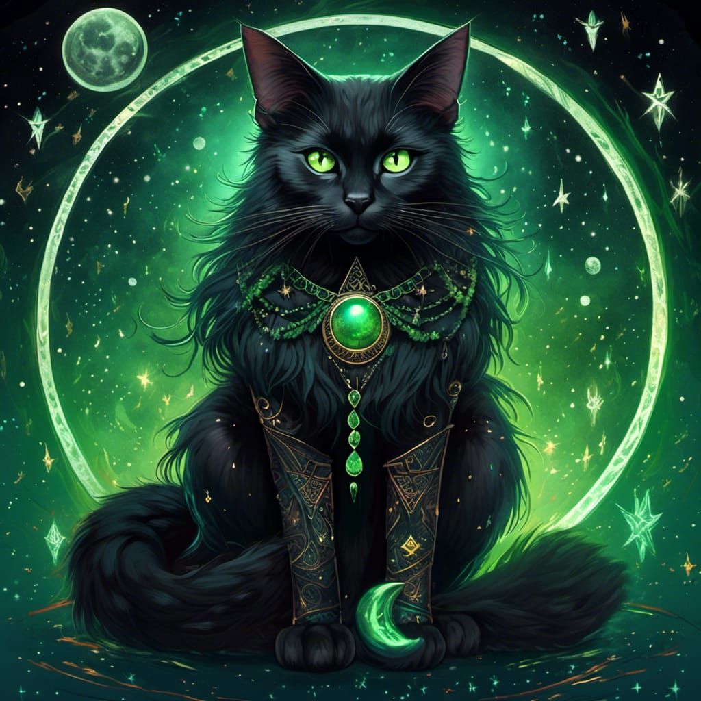 Mystical Black Cat Portrait with Runes and Stars