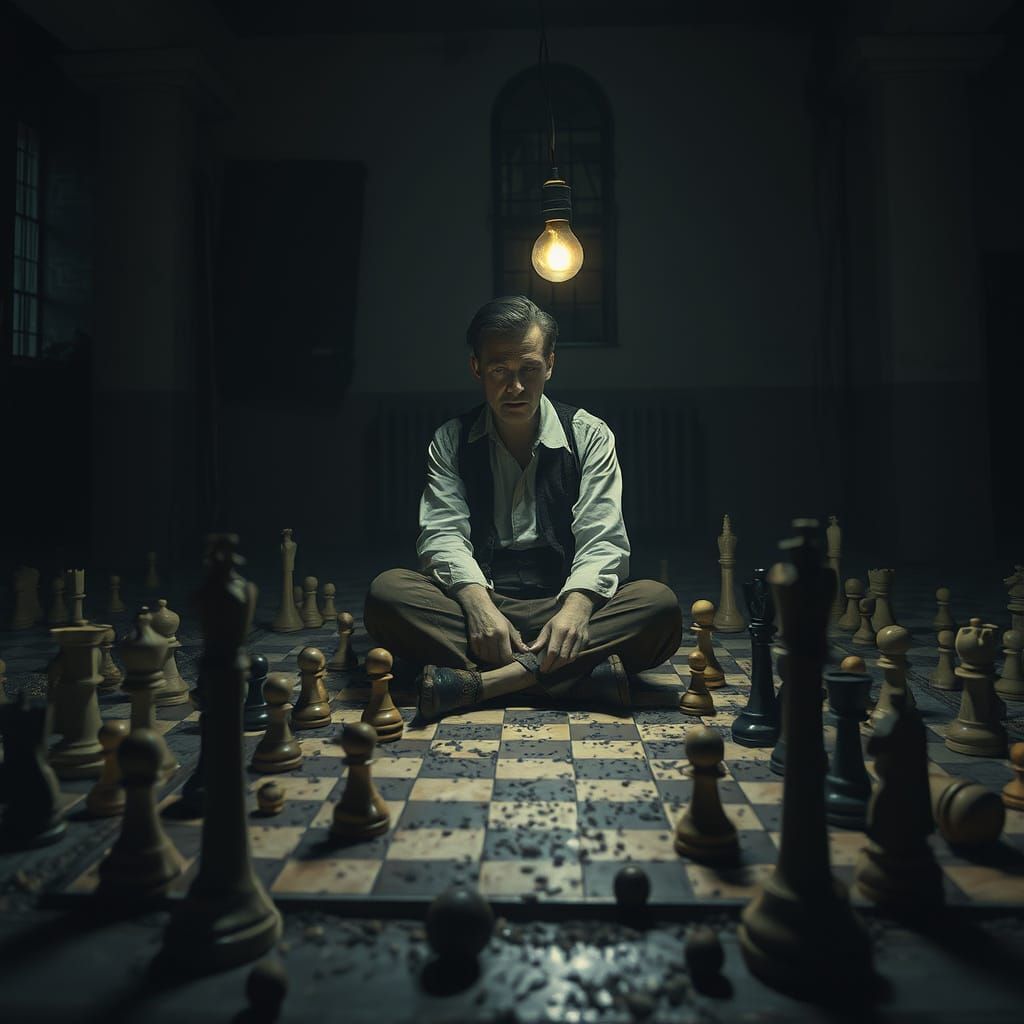 Melancholic Figure Amidst Abandoned Chess Game