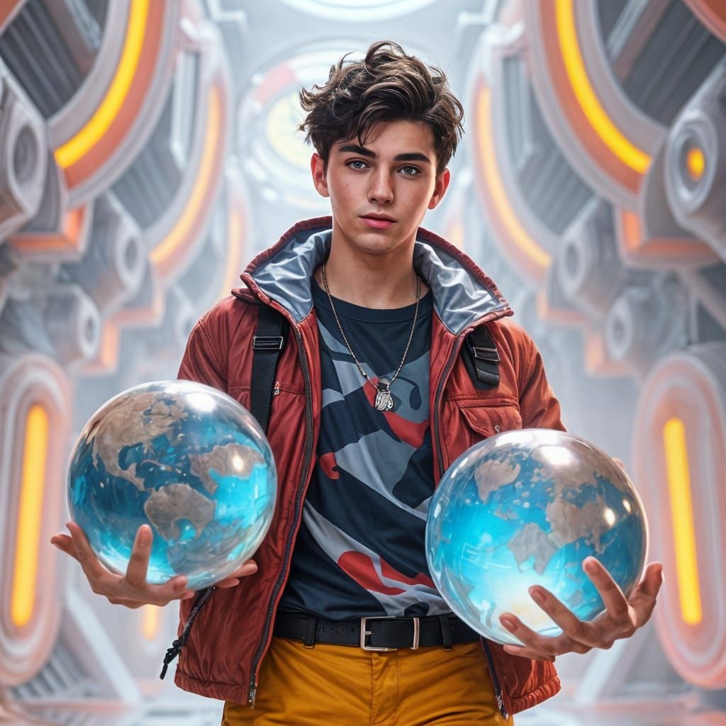 Handsome Man Poses with Oversized Spheres